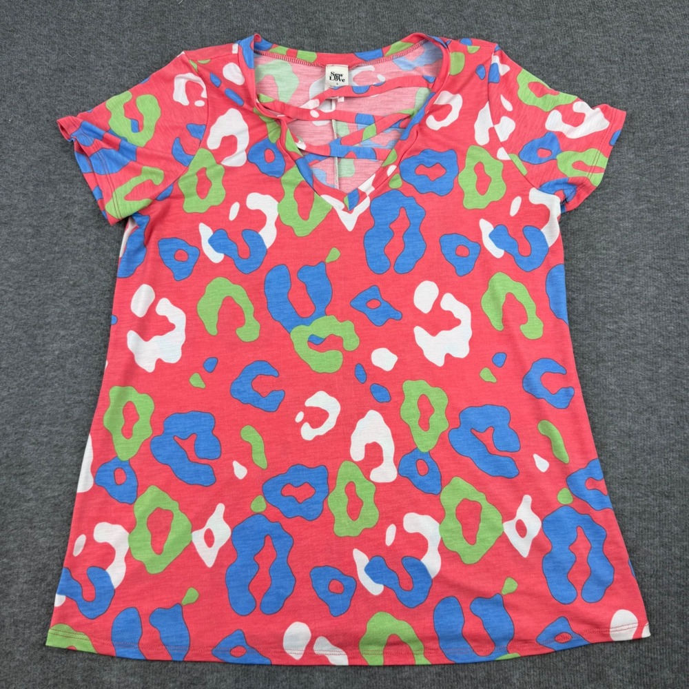Sew In Love Top Womens Small Coral Blue Leopard Print Strappy V-Neck ET457-1648